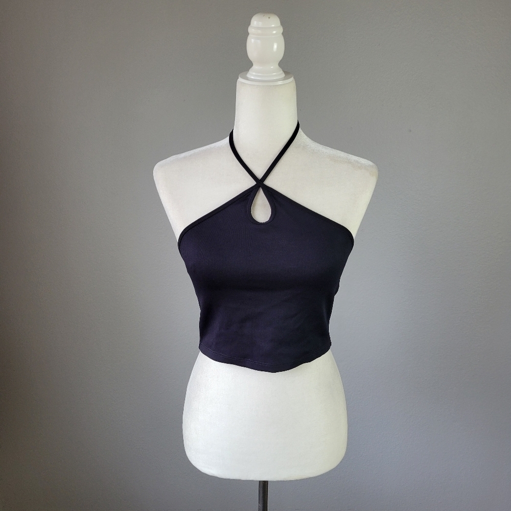 ZARA // black stretch ribbed keyhole cropped neck tie halter top - Picture 2 of 10